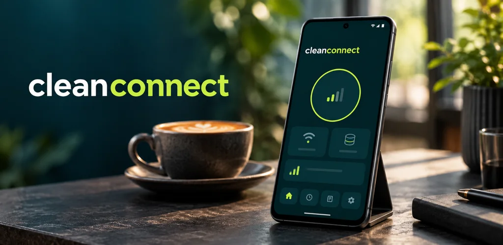 تطبيق CleanConnect على هاتف بلمسة نهائية داكنة، مع دائرة الفحص باللون الأخضر الليموني