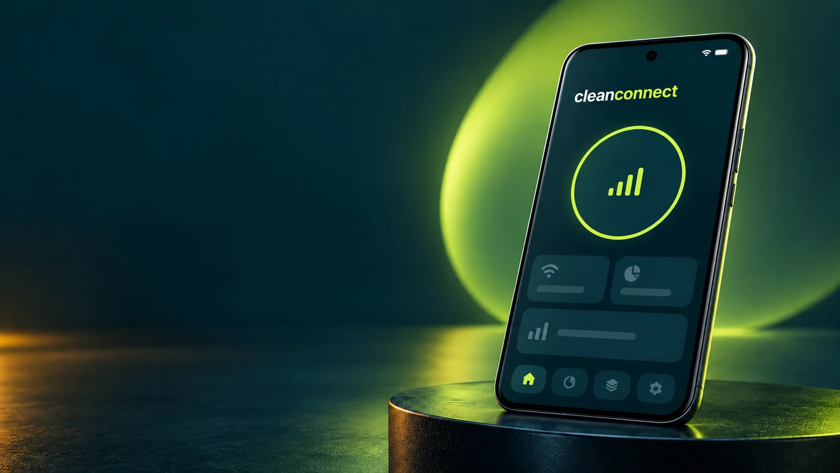 CleanConnect sur un téléphone à la finition sombre, avec son cercle de vérification vert citron